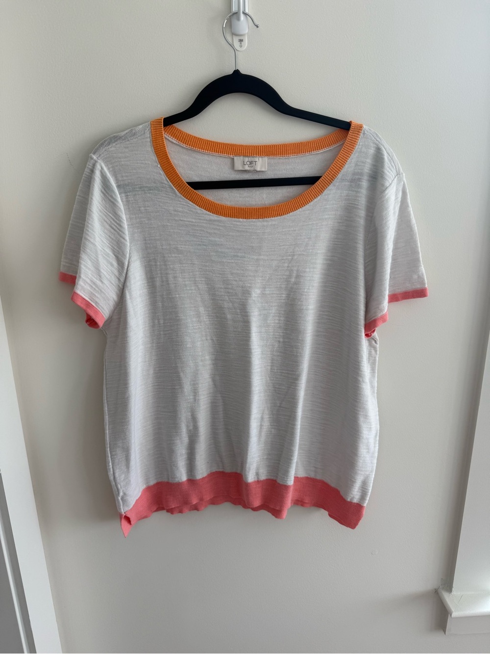 Short Sleeve Knit Top with Orange Neckline and Pink Trim